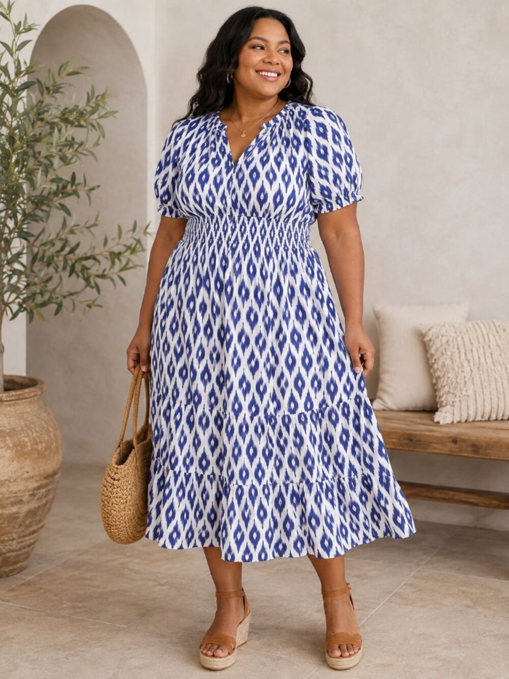 Joules Blue Ikat Midi Dress Size 20 Boho Coastal Cottagecore